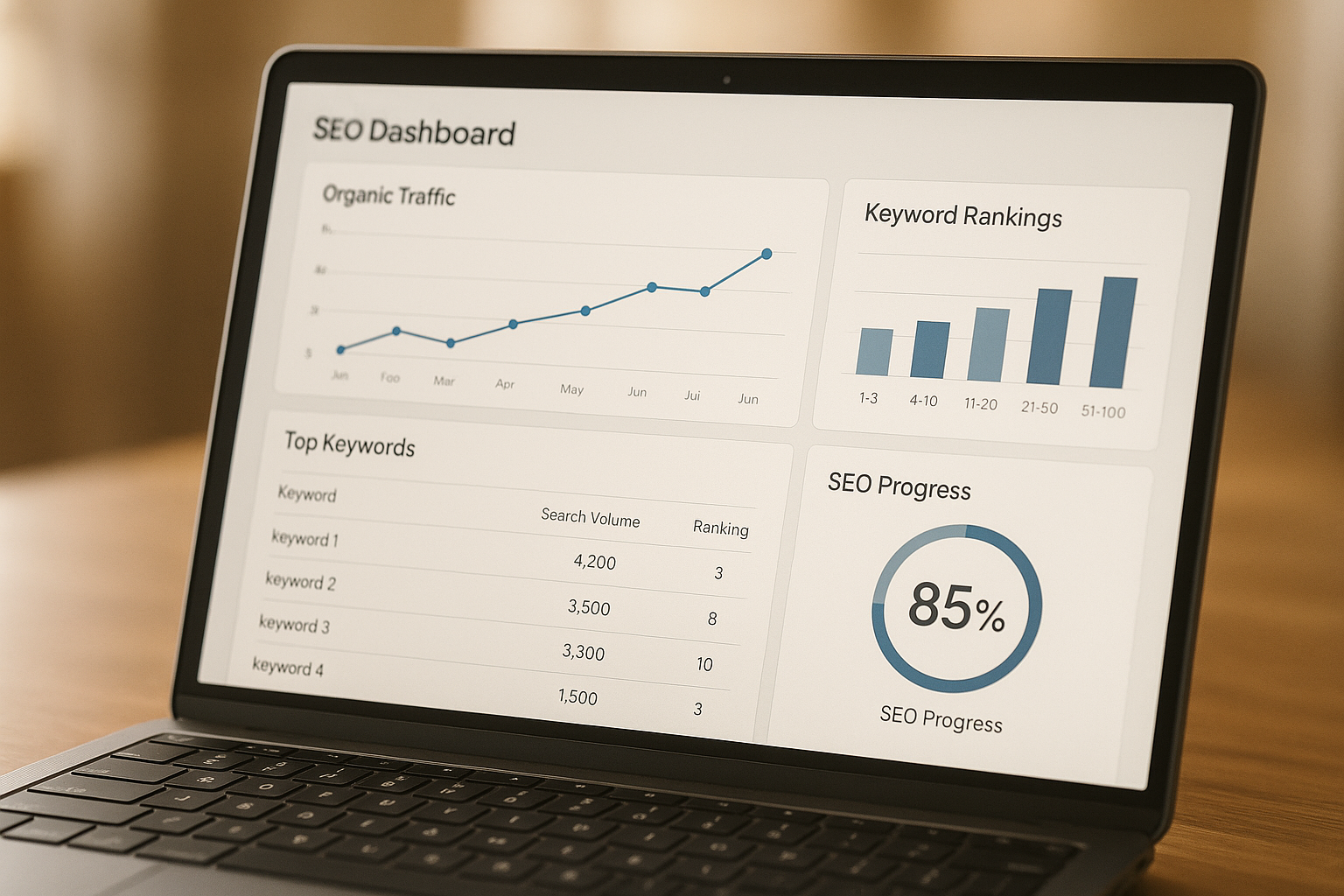 Multi-client SEO dashboard displaying ranking and visibility trends