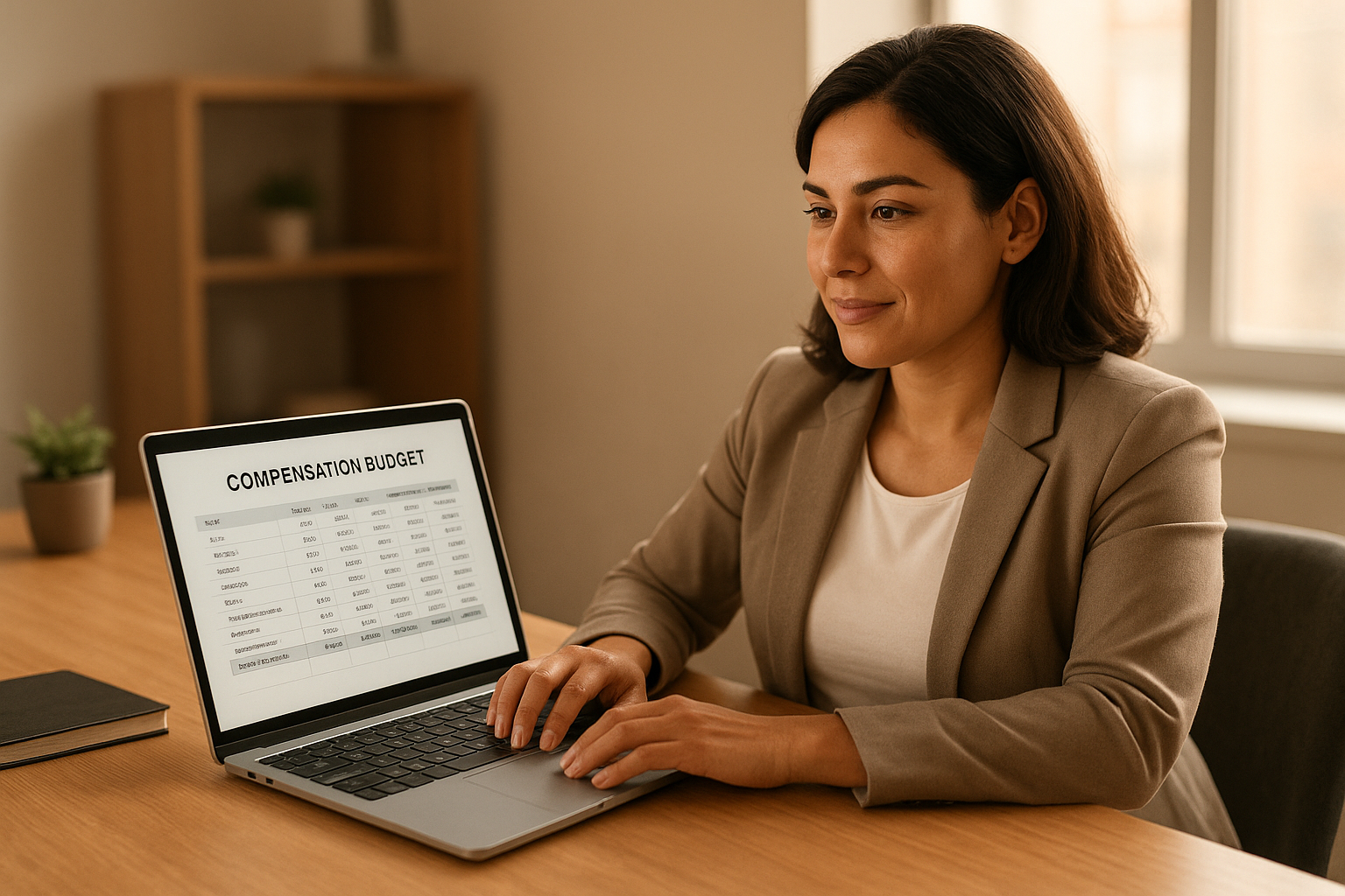 Business owner calculating employer costs for employee compensation on a laptop