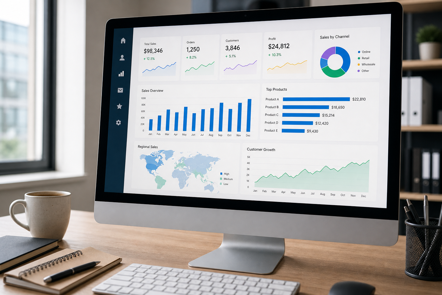 Office manager viewing a job profitability dashboard on a computer screen