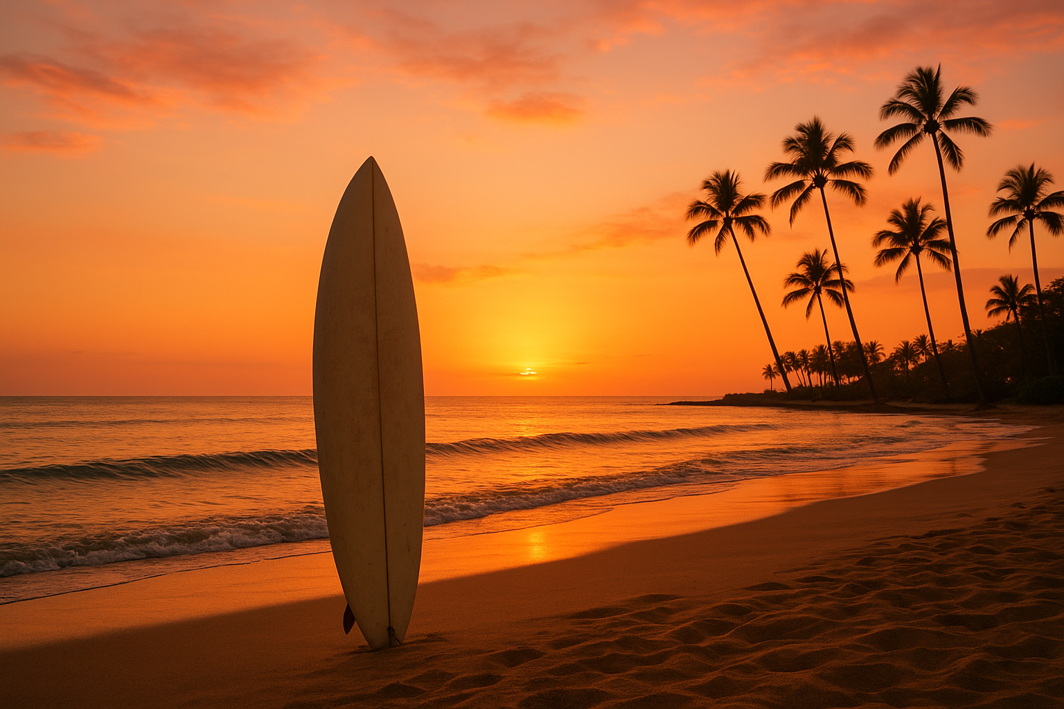 Calm bay with small rolling waves and a surfboard resting on the sand at golden hour