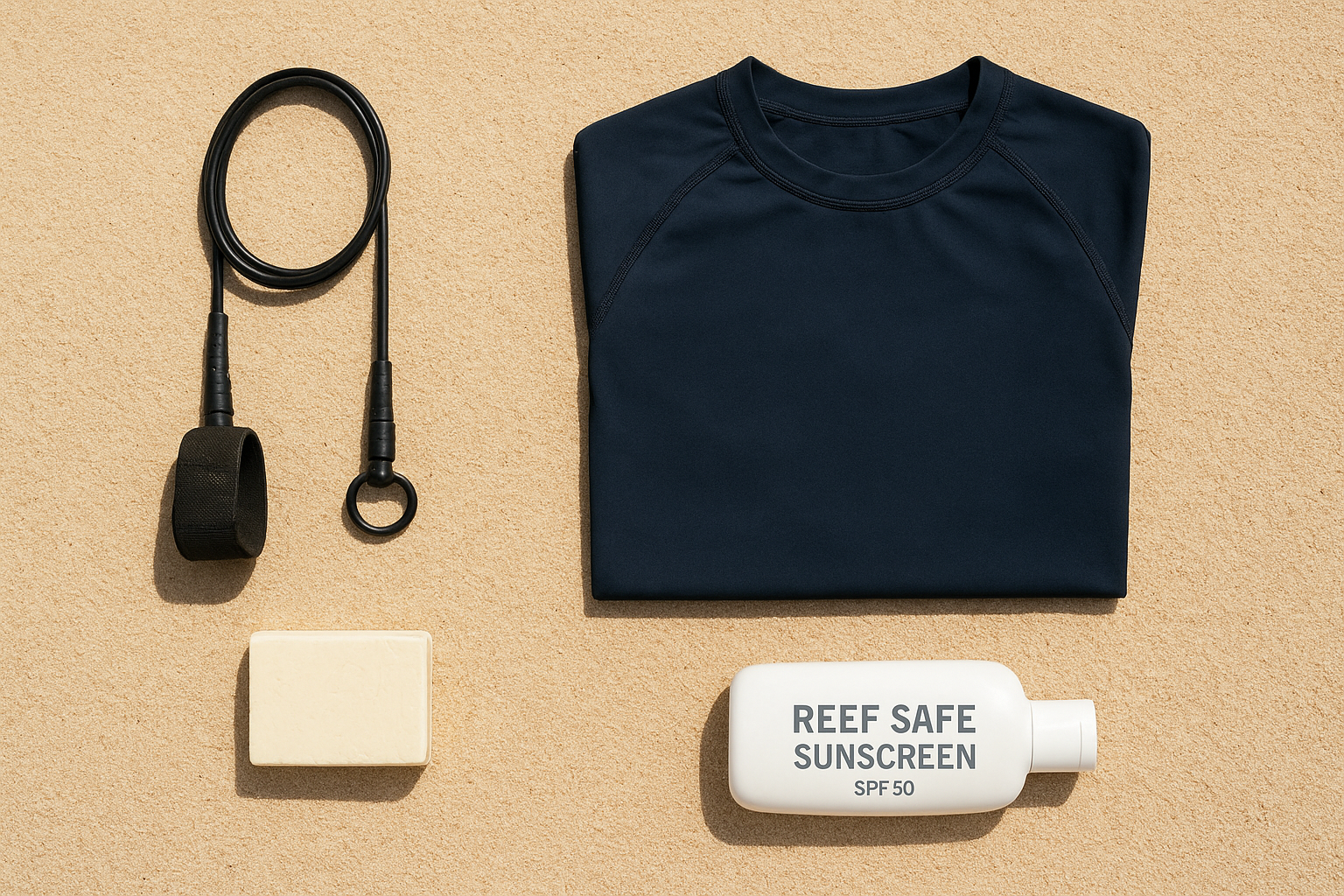 Essential beginner surf safety gear laid out on the sand including leash and rash guard