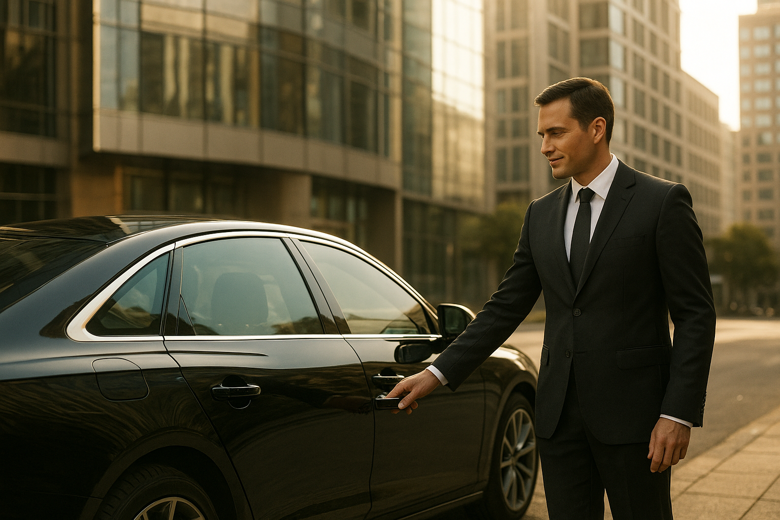 Charlotte corporate chauffeur opening the door of a luxury sedan outside a downtown office building