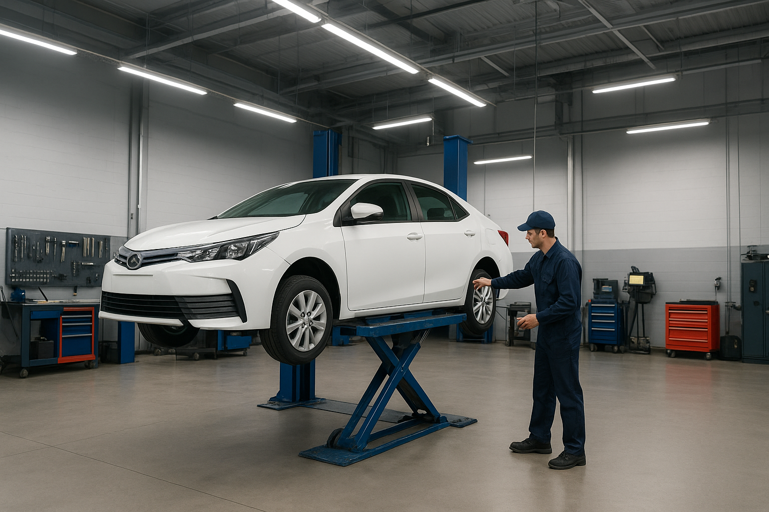 Bodyshop car repair facility with technician inspecting a white sedan on a lift