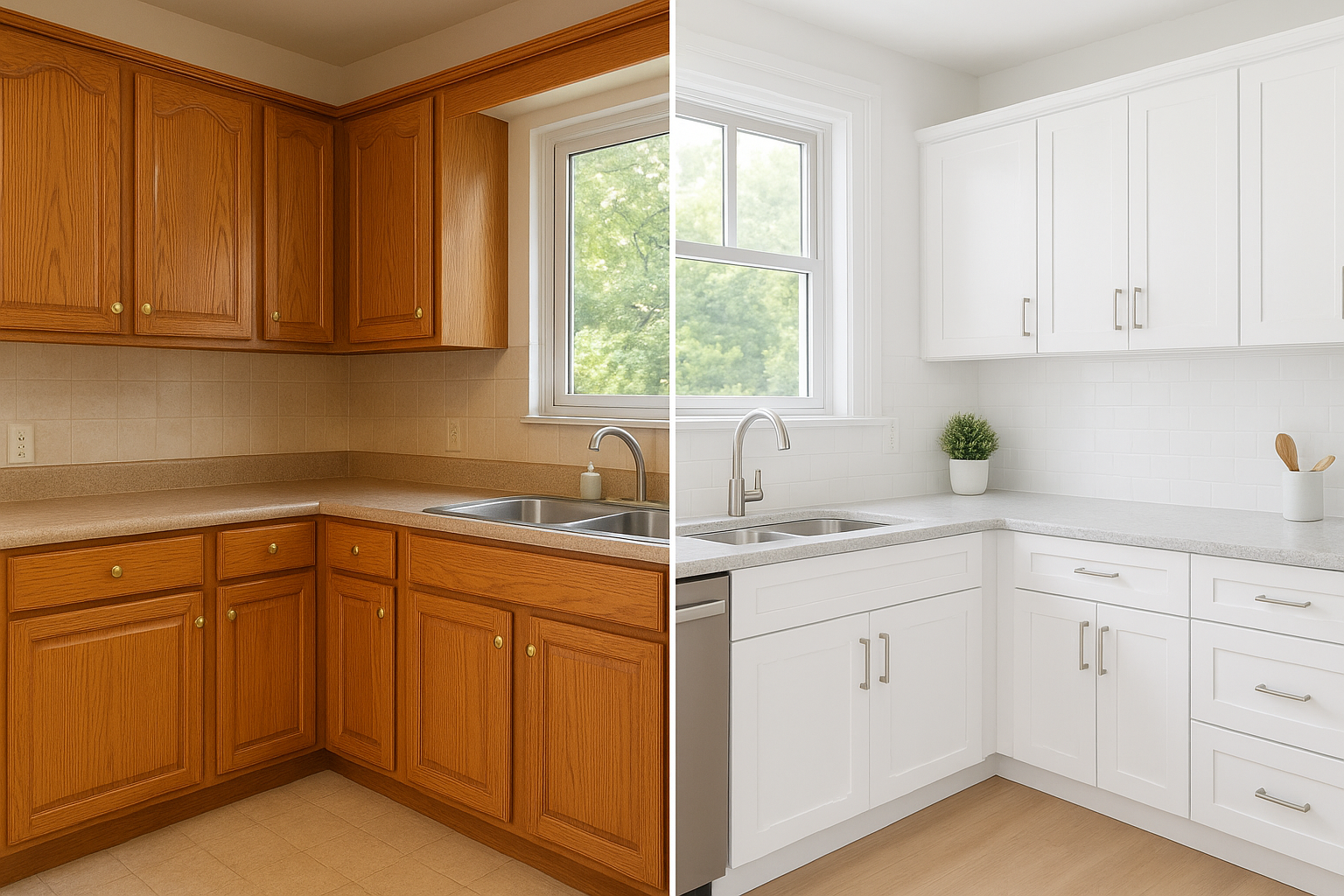 Before and after comparison of a kitchen cabinet refacing project in Cincinnati