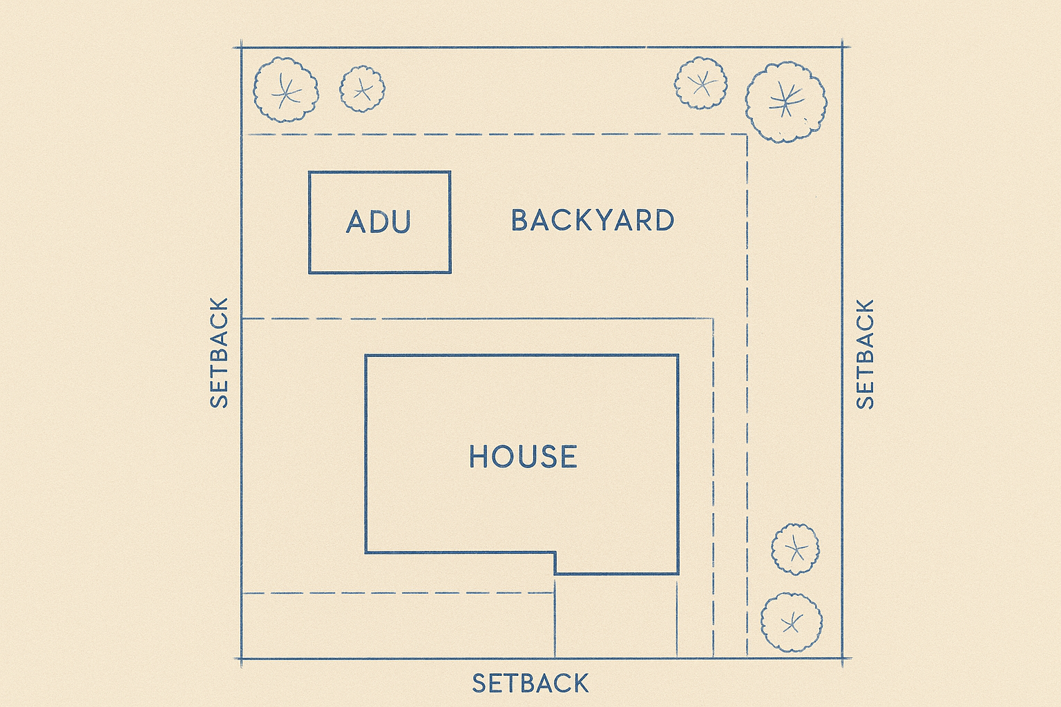 Site plan diagram showing setback lines and buildable footprint for an ADU