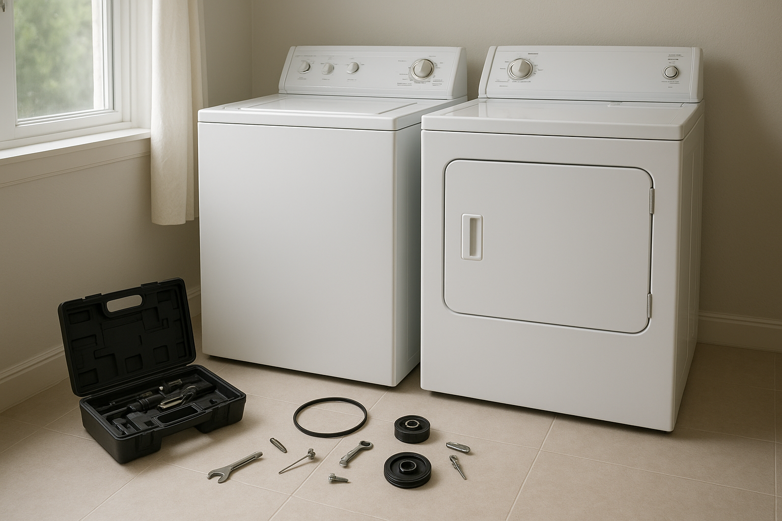 Washer and dryer repair tools laid out during a Sonoma County home service visit