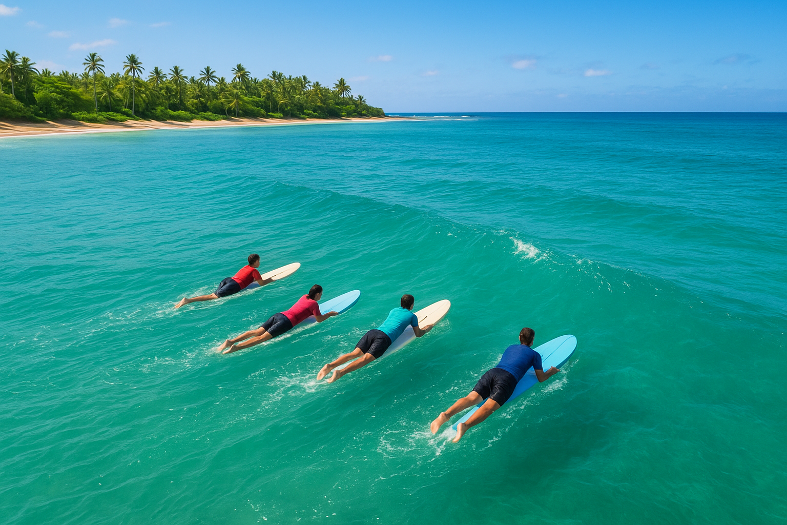 Group of students paddling out during a Hawaii surf lesson