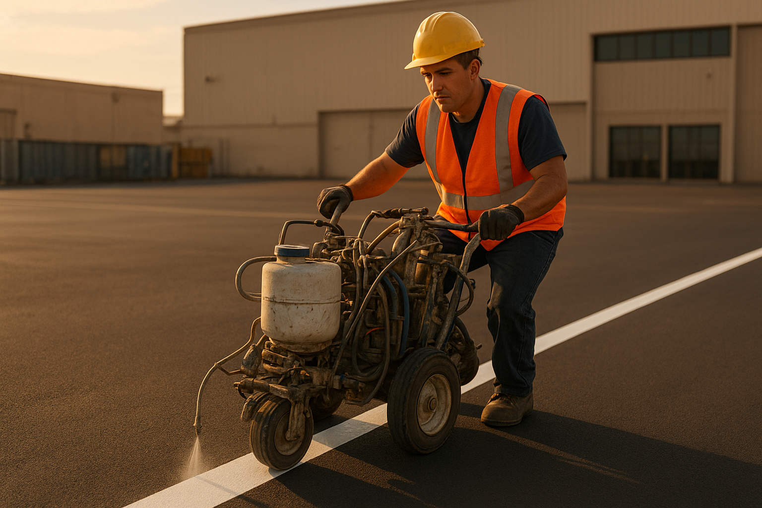 Professional parking lot striping machine applying fresh white paint lines on dark asphalt surface