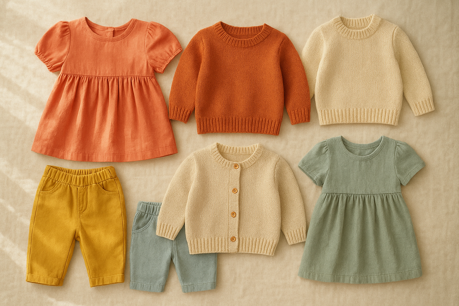 Curated sustainable kids fashion rental clothing items laid out on a linen surface