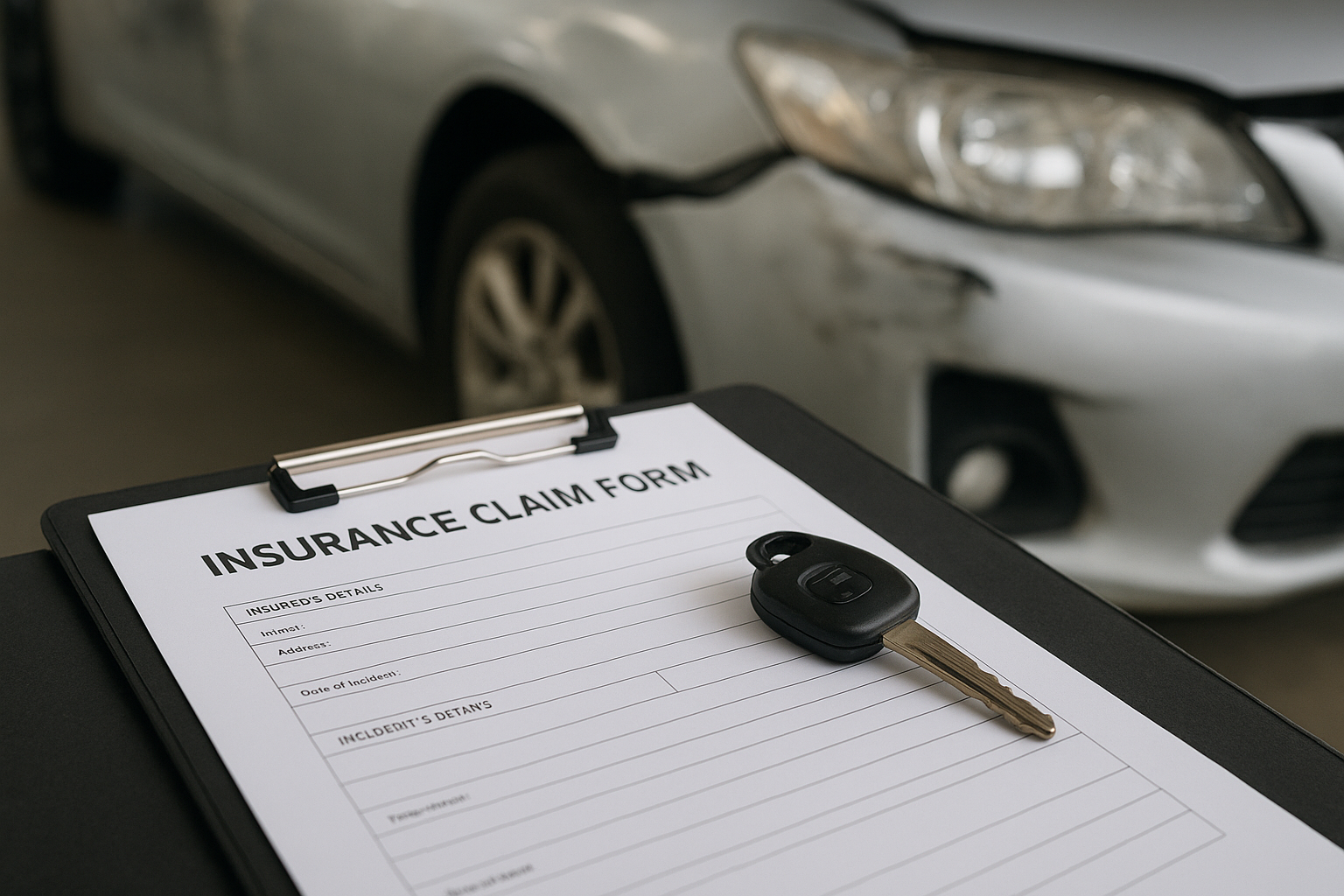 Insurance claim paperwork and car keys during an auto body repair intake at a Brea shop