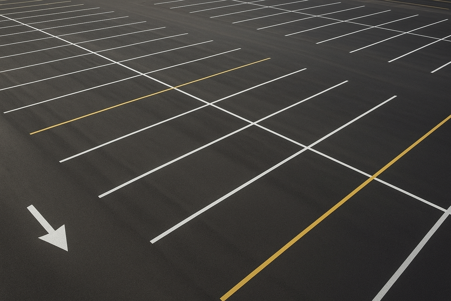 Aerial view of parking lot showing traffic flow optimization striping with arrows and lane markings