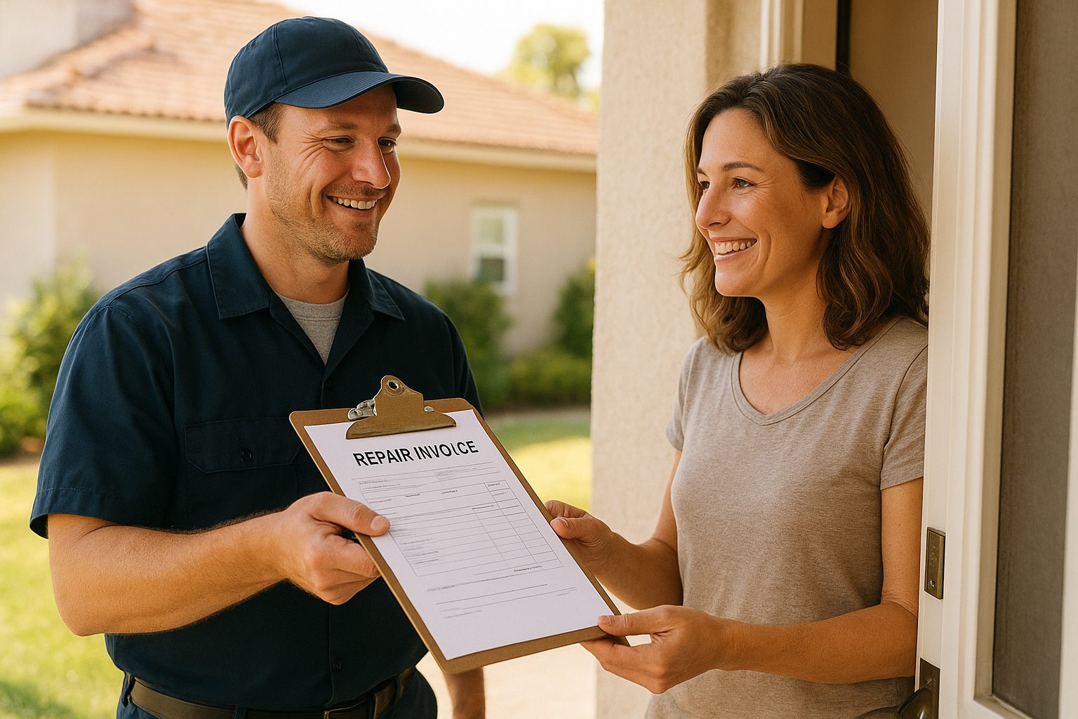 Technician reviewing a repair invoice with a homeowner after an appliance repair visit