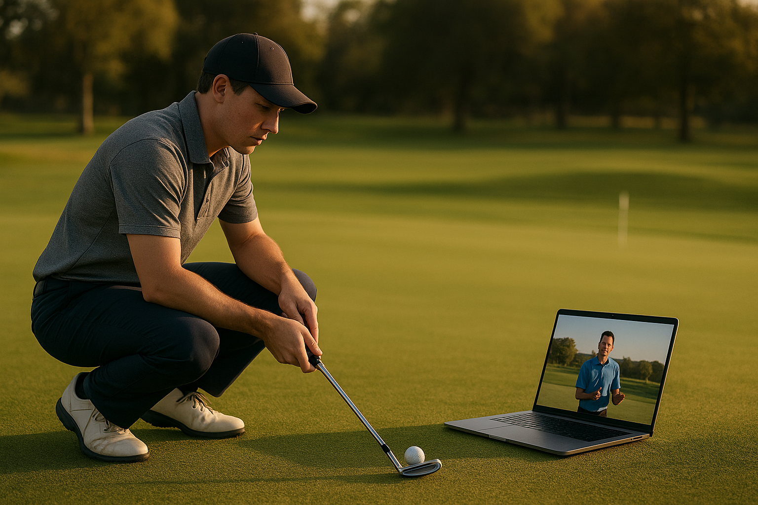Golfer receiving remote golf biomechanics coaching by a PhD through a laptop session