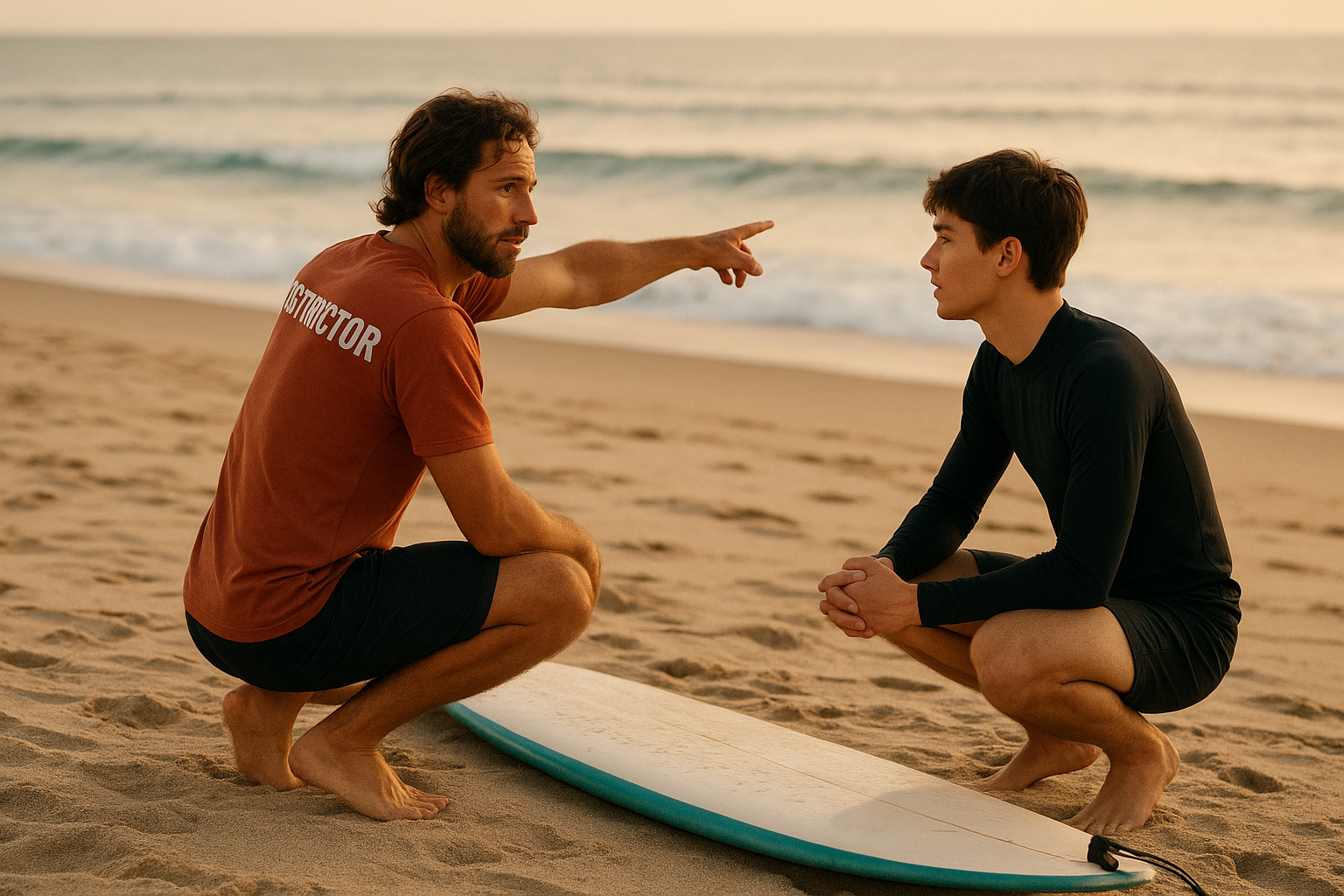 Instructor explaining surf lessons with ocean environmental education to a student on the beach