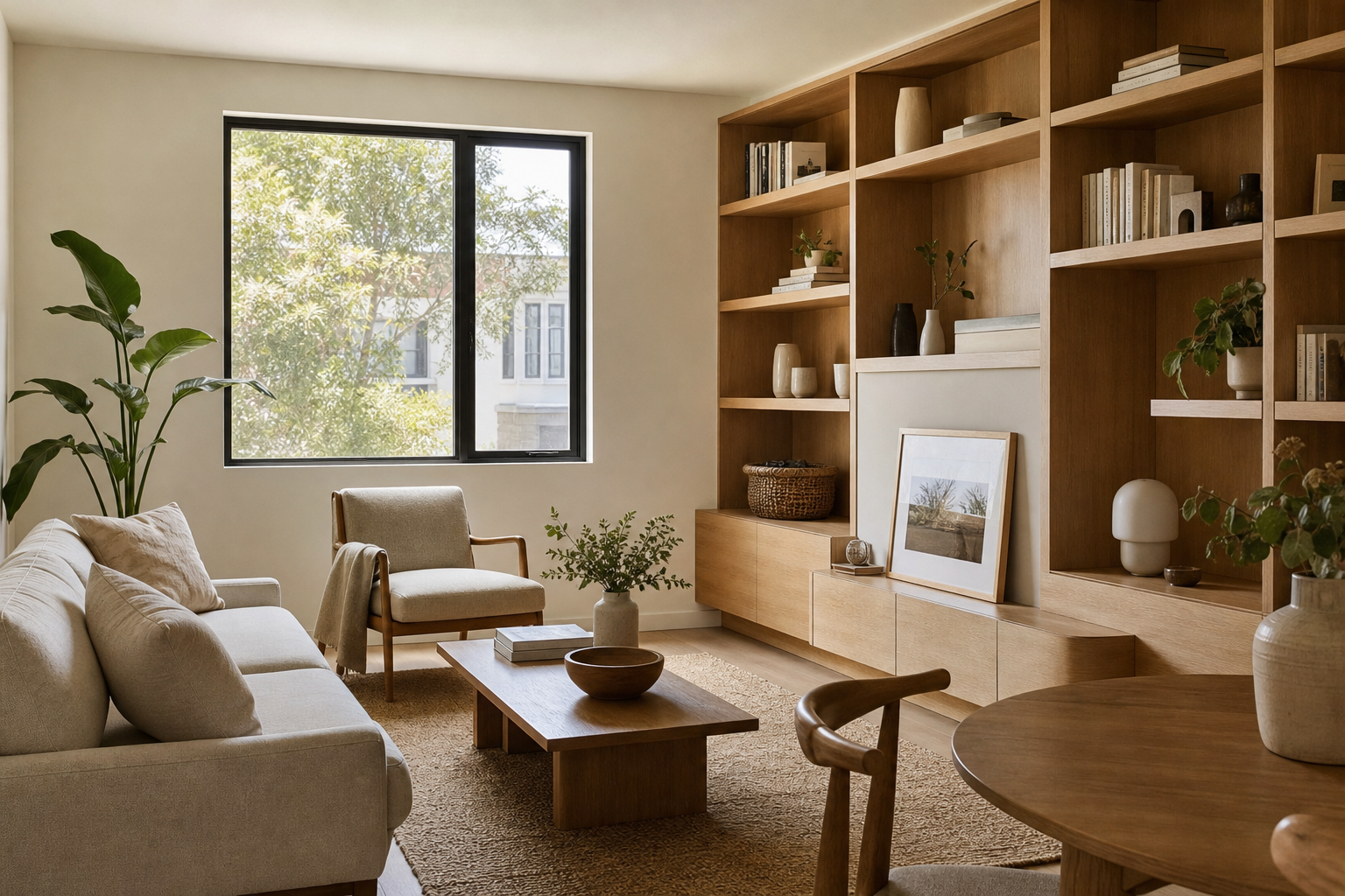 Finished interior of a second unit with custom built-in shelving