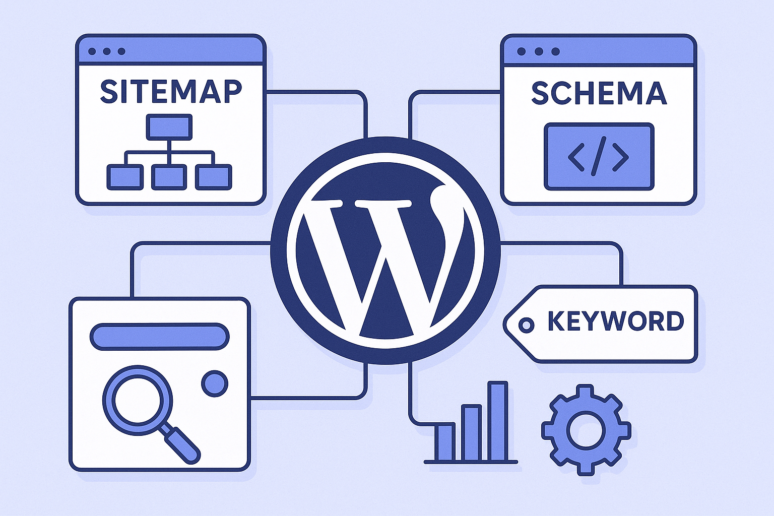 Illustration of AIOSEO features including XML sitemaps, schema markup, and keyword optimization tools