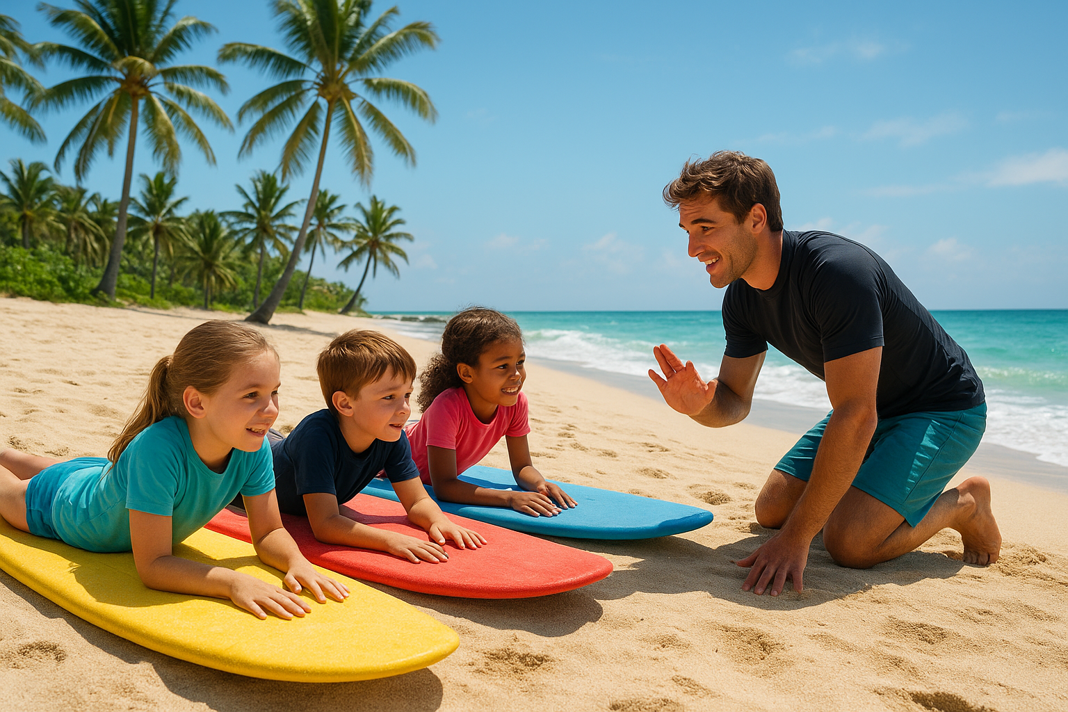 Children practicing pop-up technique on foam surfboards during a Waikiki beach surf lesson