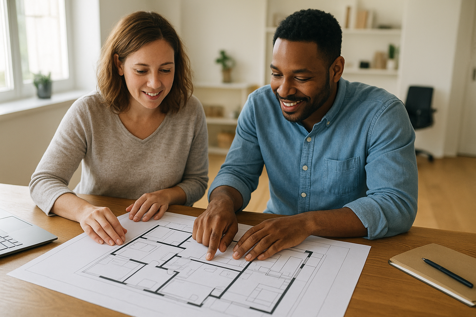 Homeowner reviewing custom ADU floor plan blueprints with a designer