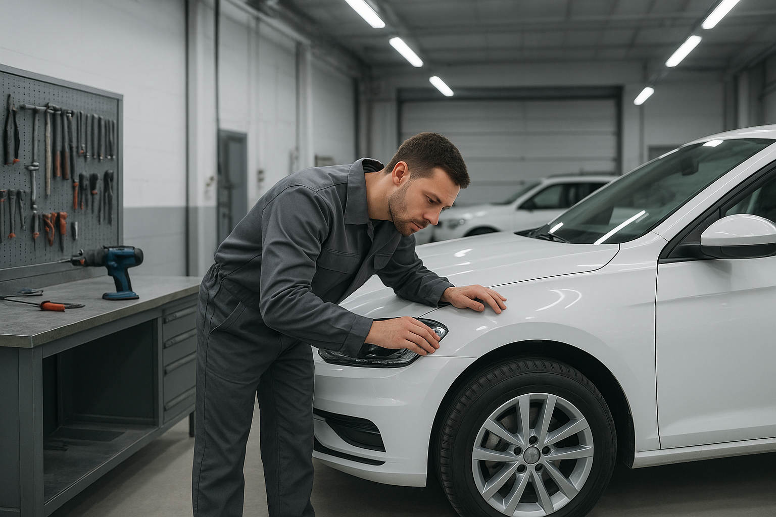 Auto body technician inspecting fender panel before starting minor fender repair work