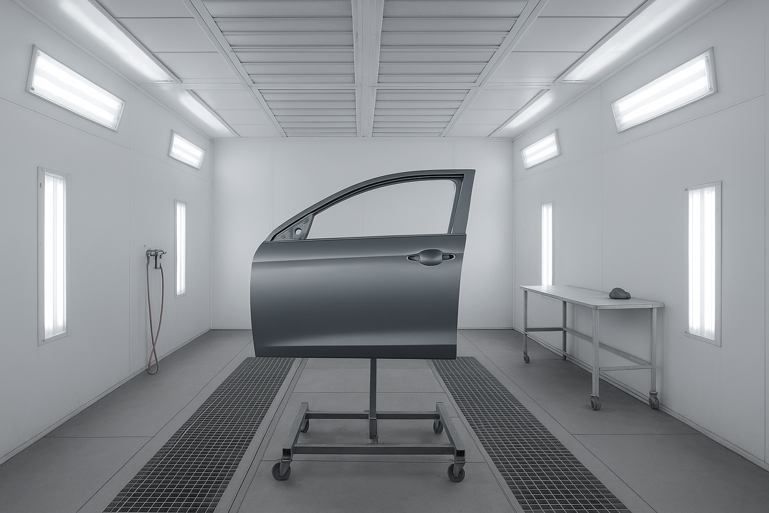 Freshly painted car panel drying in a controlled spray booth after color matching repair
