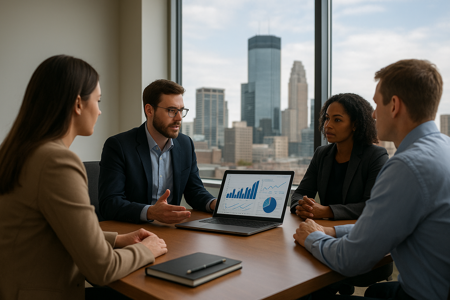 Team reviewing Minnesota HCBS provider financial reports near a Minneapolis office window Team reviewing Minnesota HCBS provider financial reports near a Minneapolis office window