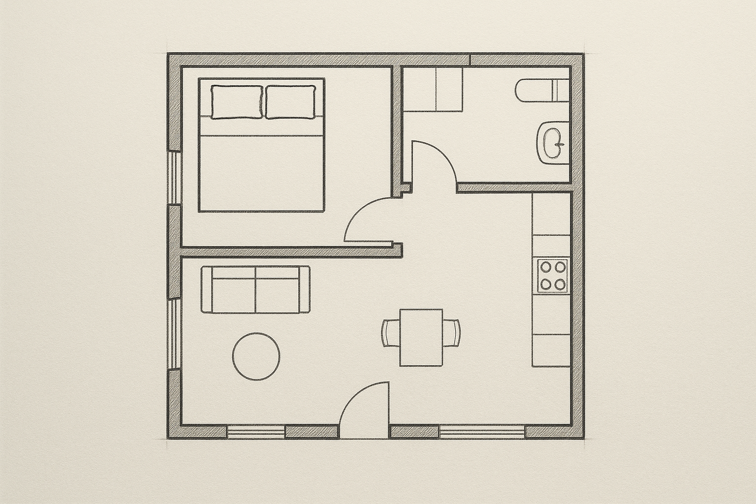 Floor plan sketch showing bedroom, bathroom, and kitchen layout for a mother-in-law suite