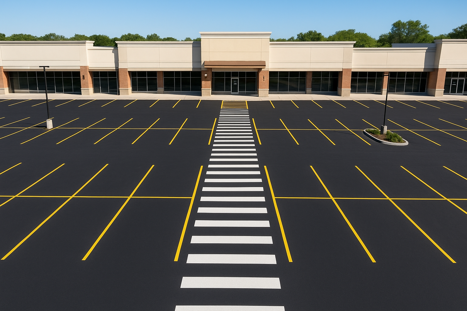 Retail center parking lot marking denton crew finishing fresh yellow stripes