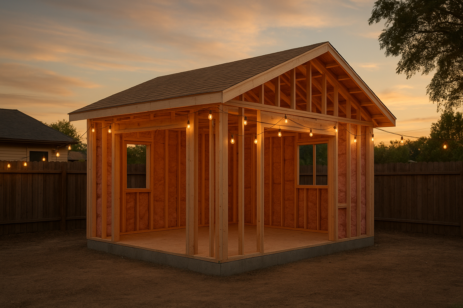 Detached backyard ADU under construction with insulation visible in open wall sections
