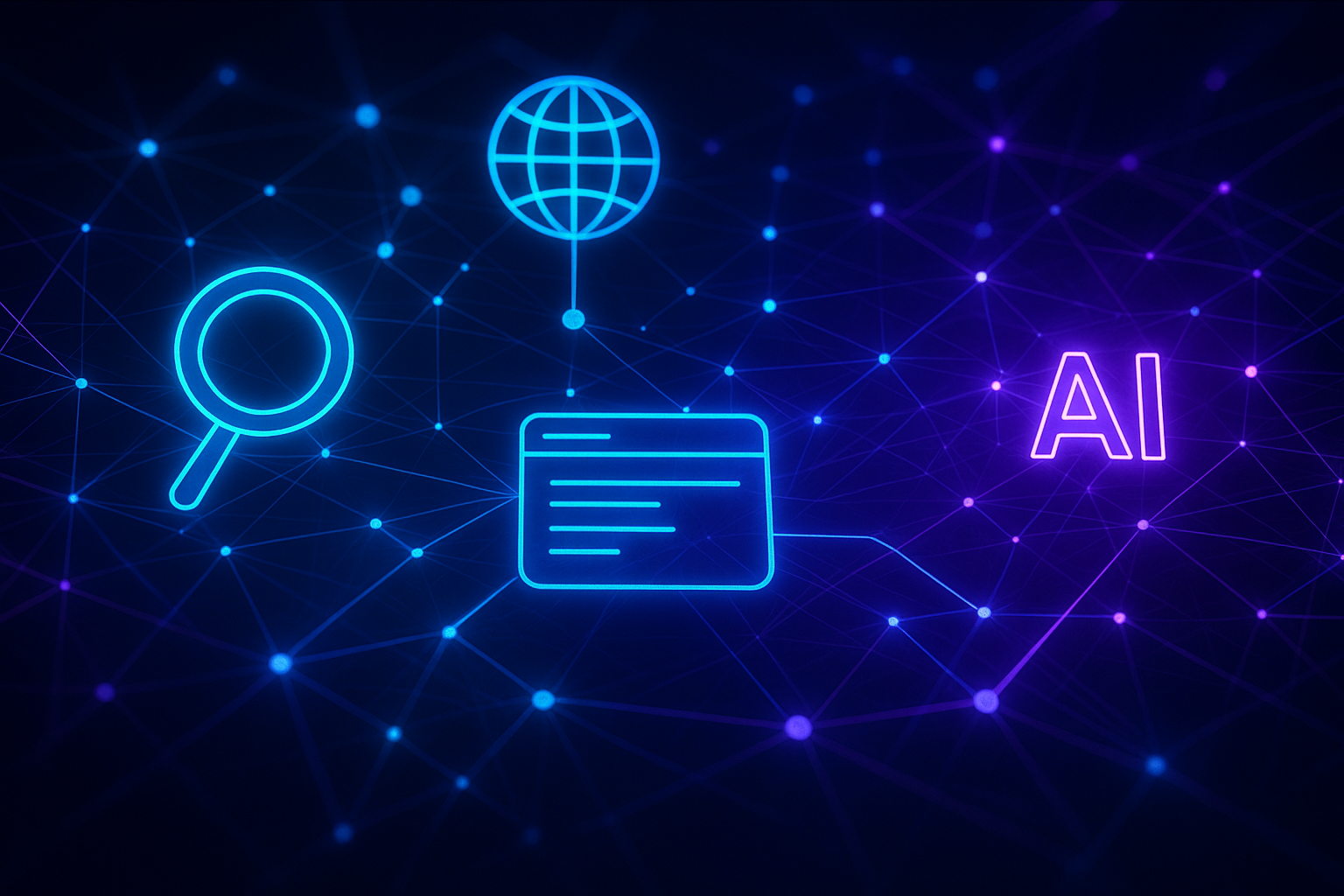 Abstract visualization of AI-powered search optimization platform connecting websites to search engines and AI systems
