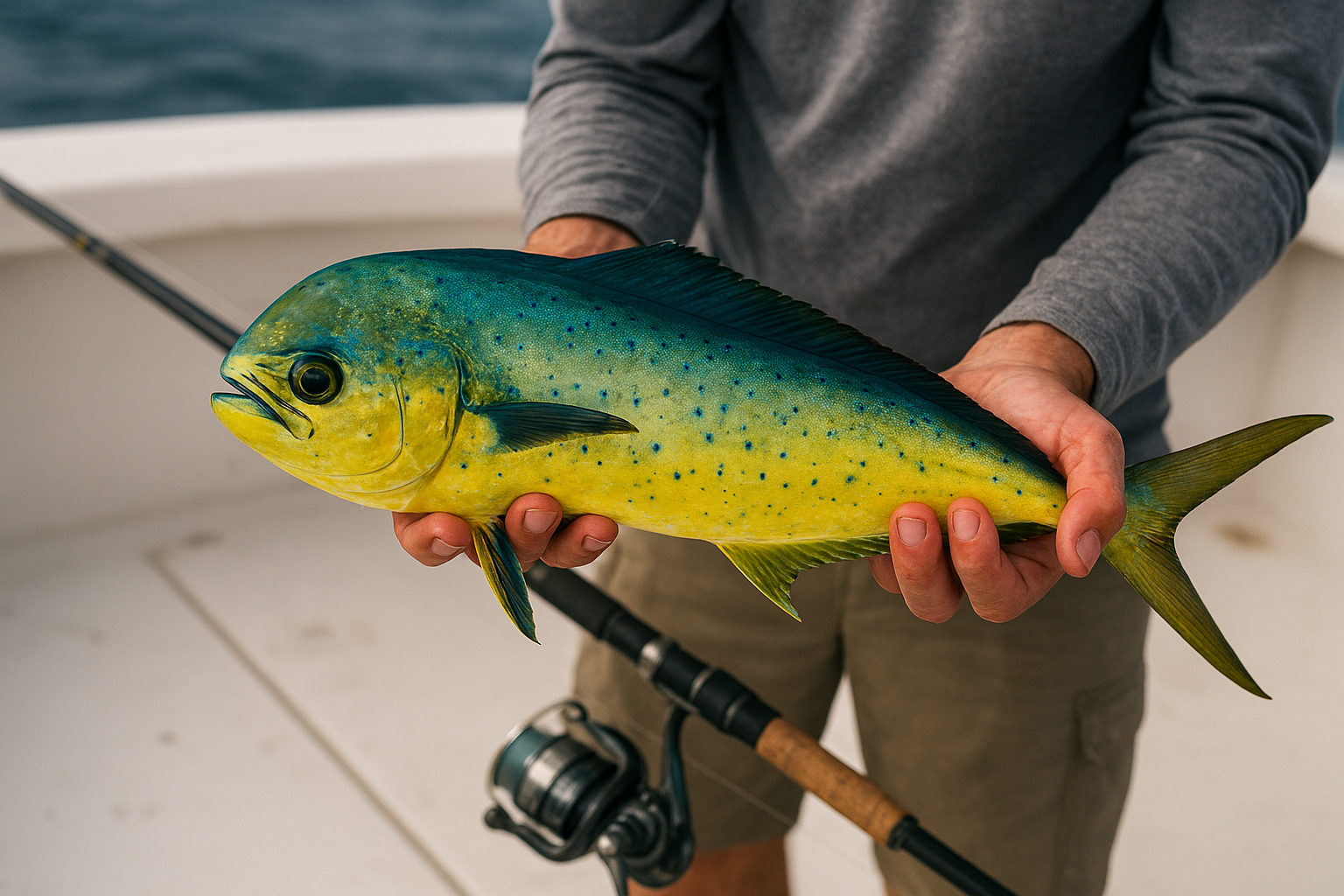 Angler holding a mahi-mahi caught during an offshore fishing trip near Myrtle Beach