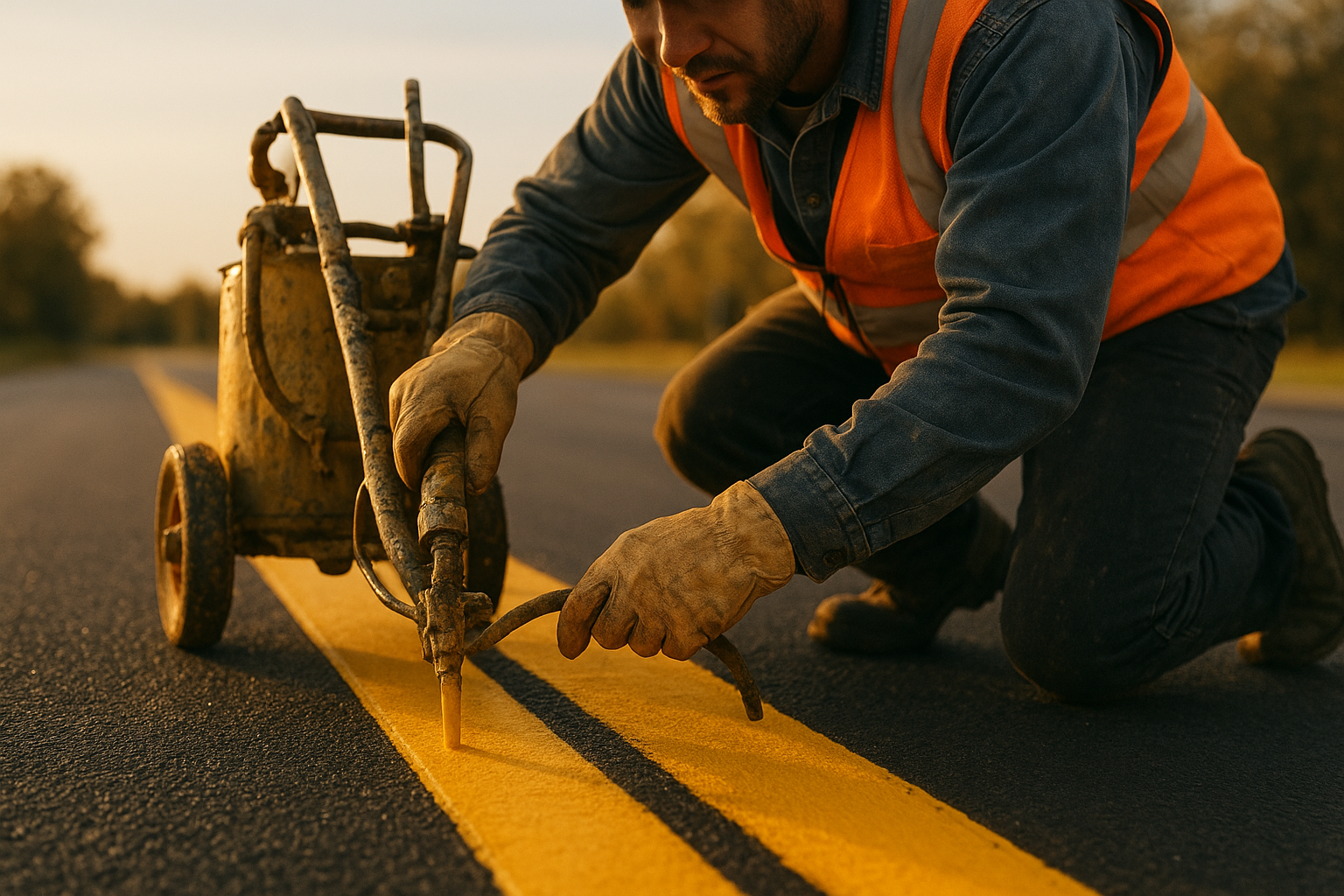 Professional applying fresh line striping paint during commercial parking lot maintenance work