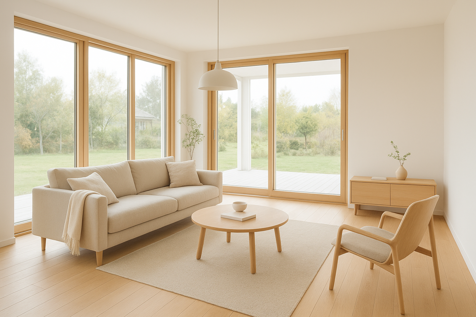 Bright open-concept living room inside a finished prefabricated home in California