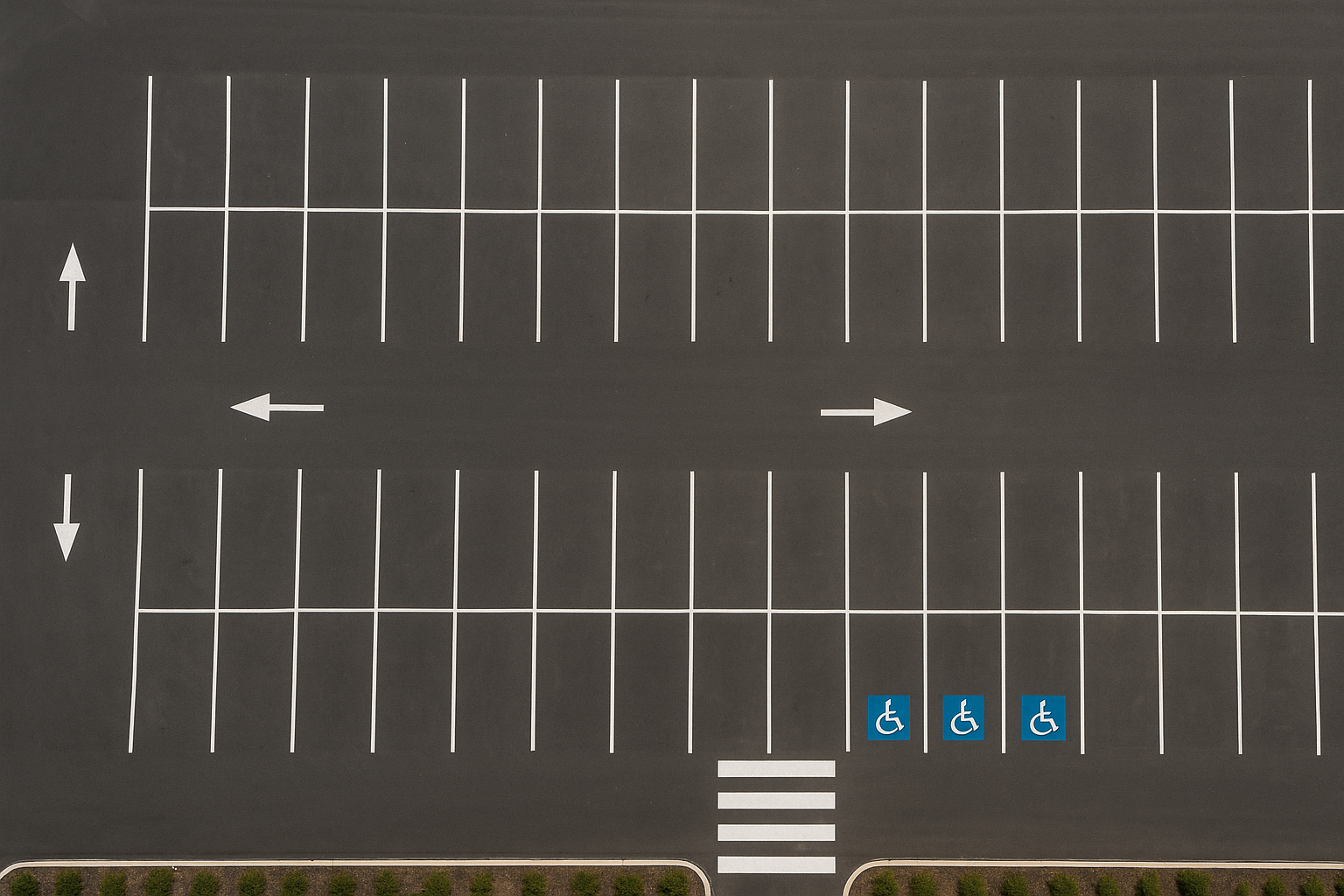 Aerial view of organized parking lot lines and directional arrows