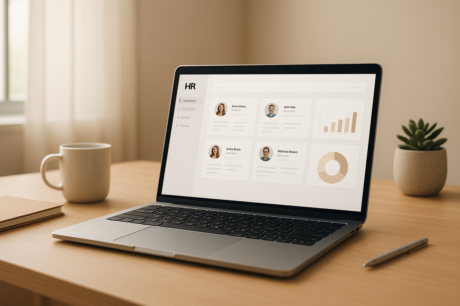 Laptop screen showing a cloud-based HRIS systems dashboard with employee records