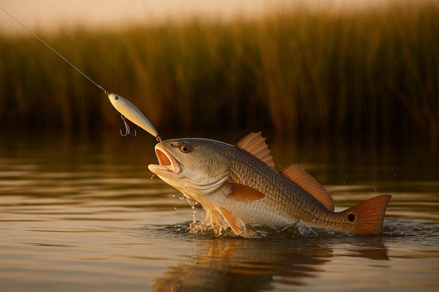 Redfish striking a lure during a Myrtle Beach redfish trout topwater fishing trip at sunrise