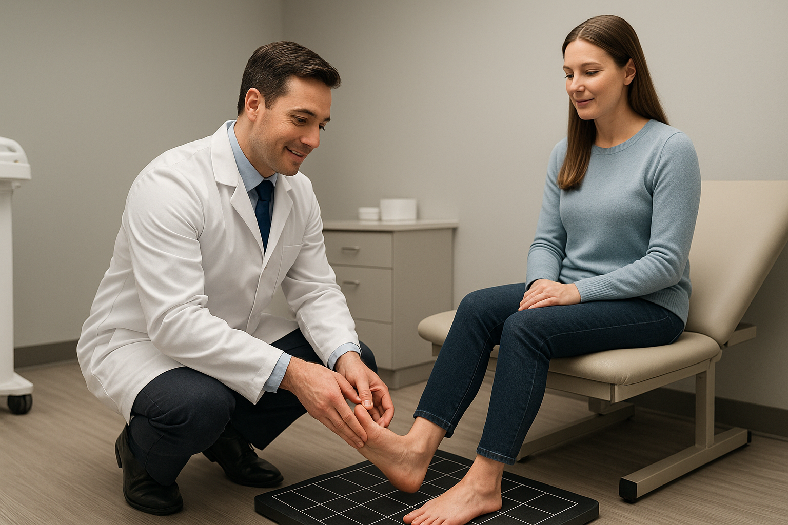 Podiatrist performing a foot assessment to fit custom orthotics for pregnancy-related foot pain