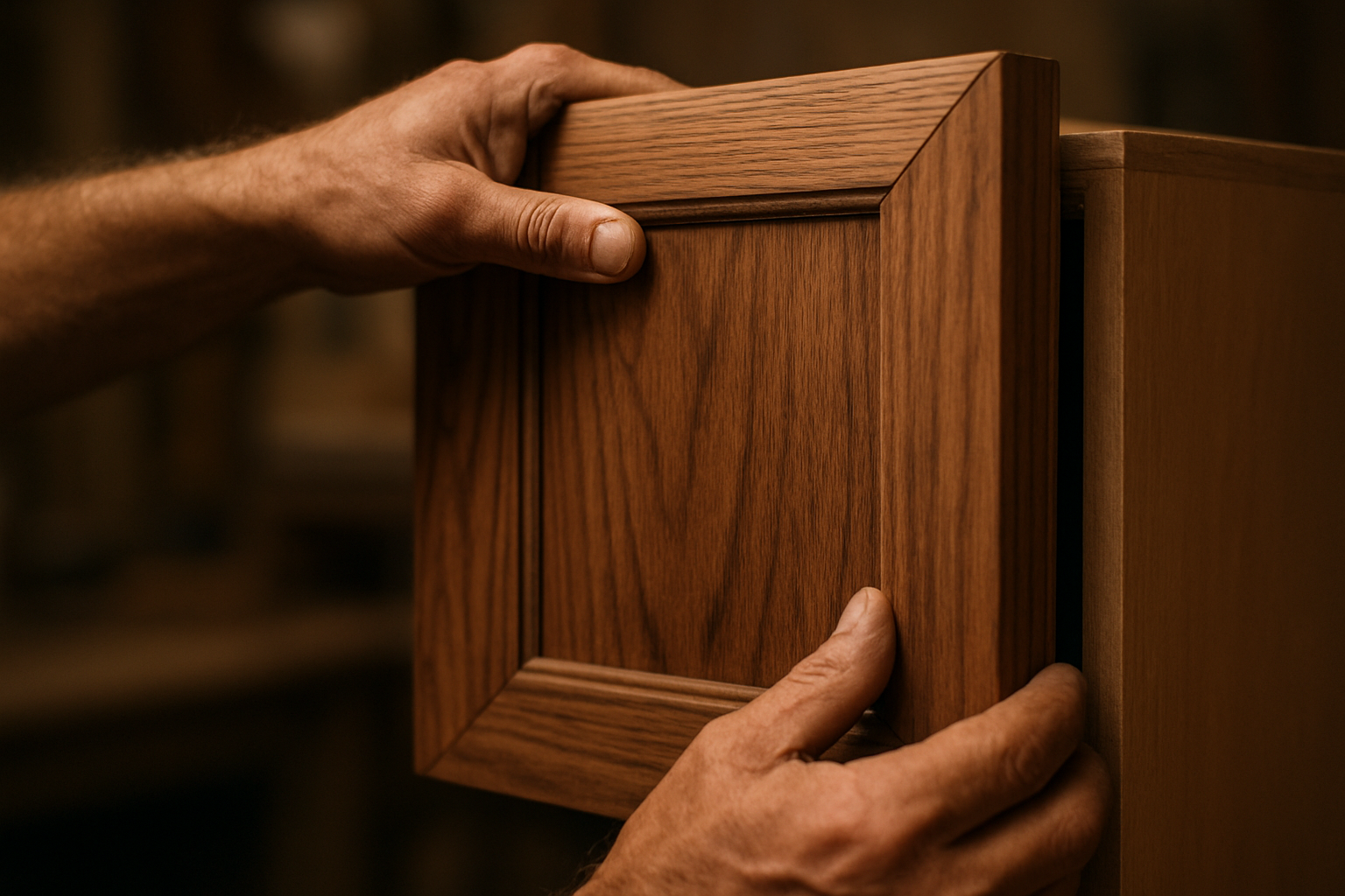 Skilled craftsman applying wood veneer during professional cabinet refacing process