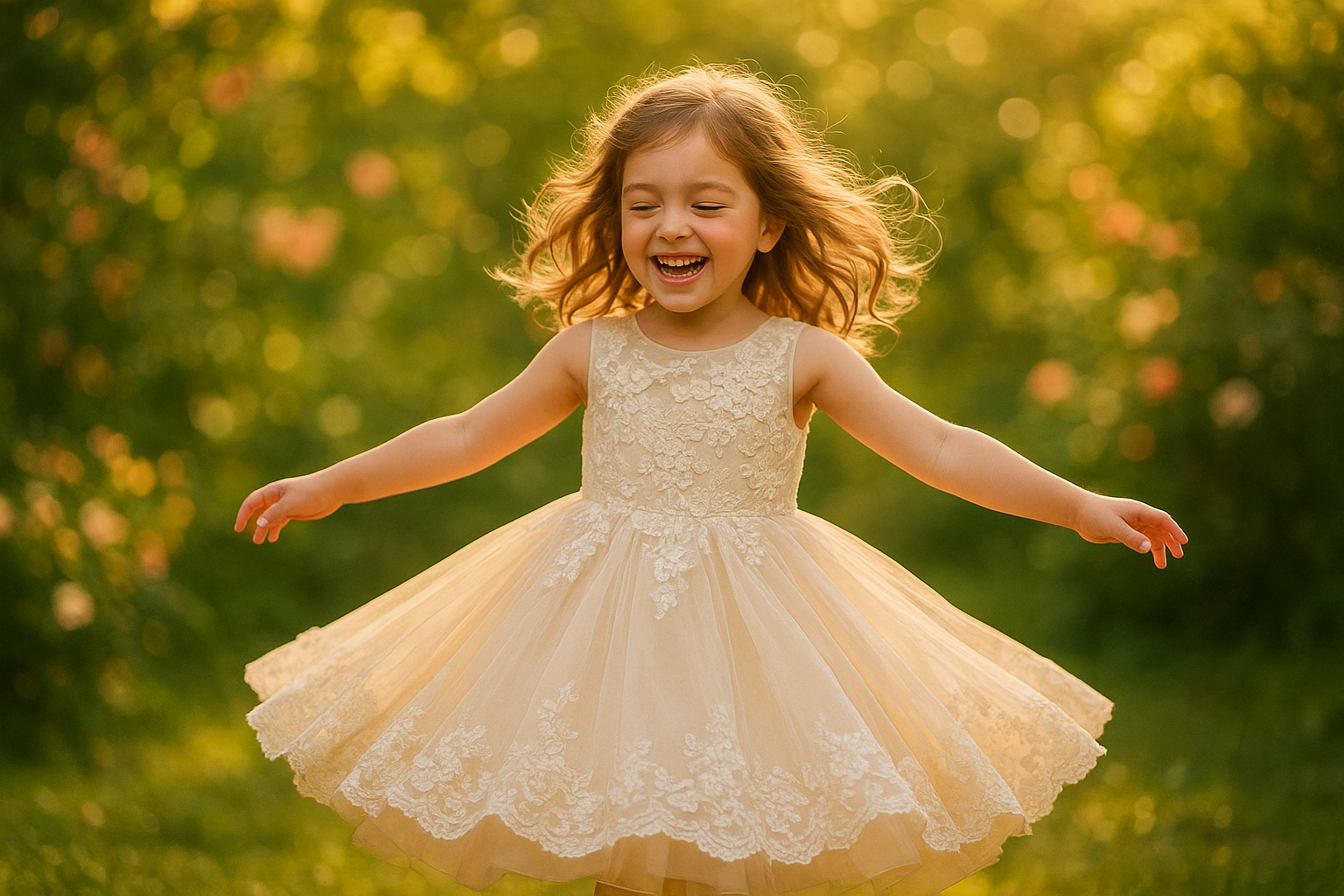 Young girl wearing a rented special occasion dress twirling in a sunlit garden