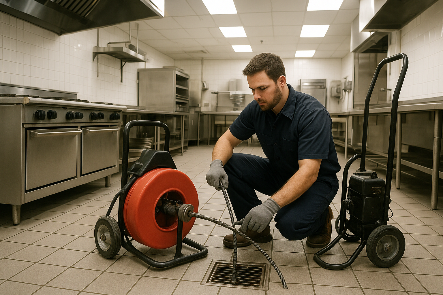 Ec1fa59e_commercial-kitchen-drain-service-terrell Technician clearing a commercial kitchen floor drain using a motorized drain machine