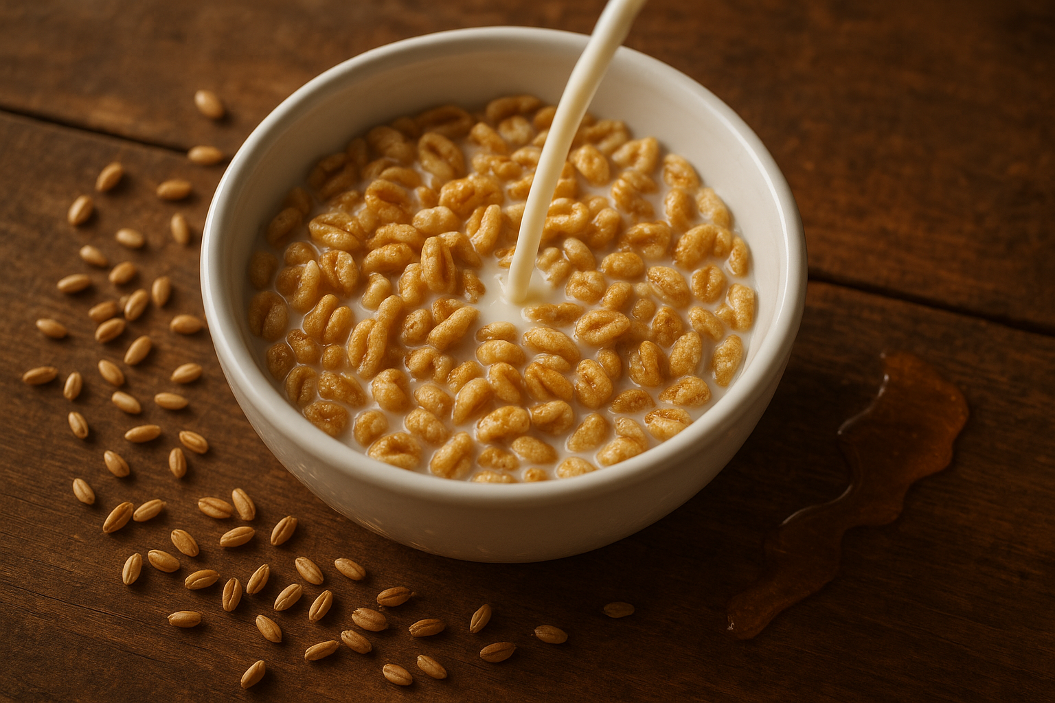 Bowl of ancient grain cereal with puffed Khorasan wheat and honey drizzle
