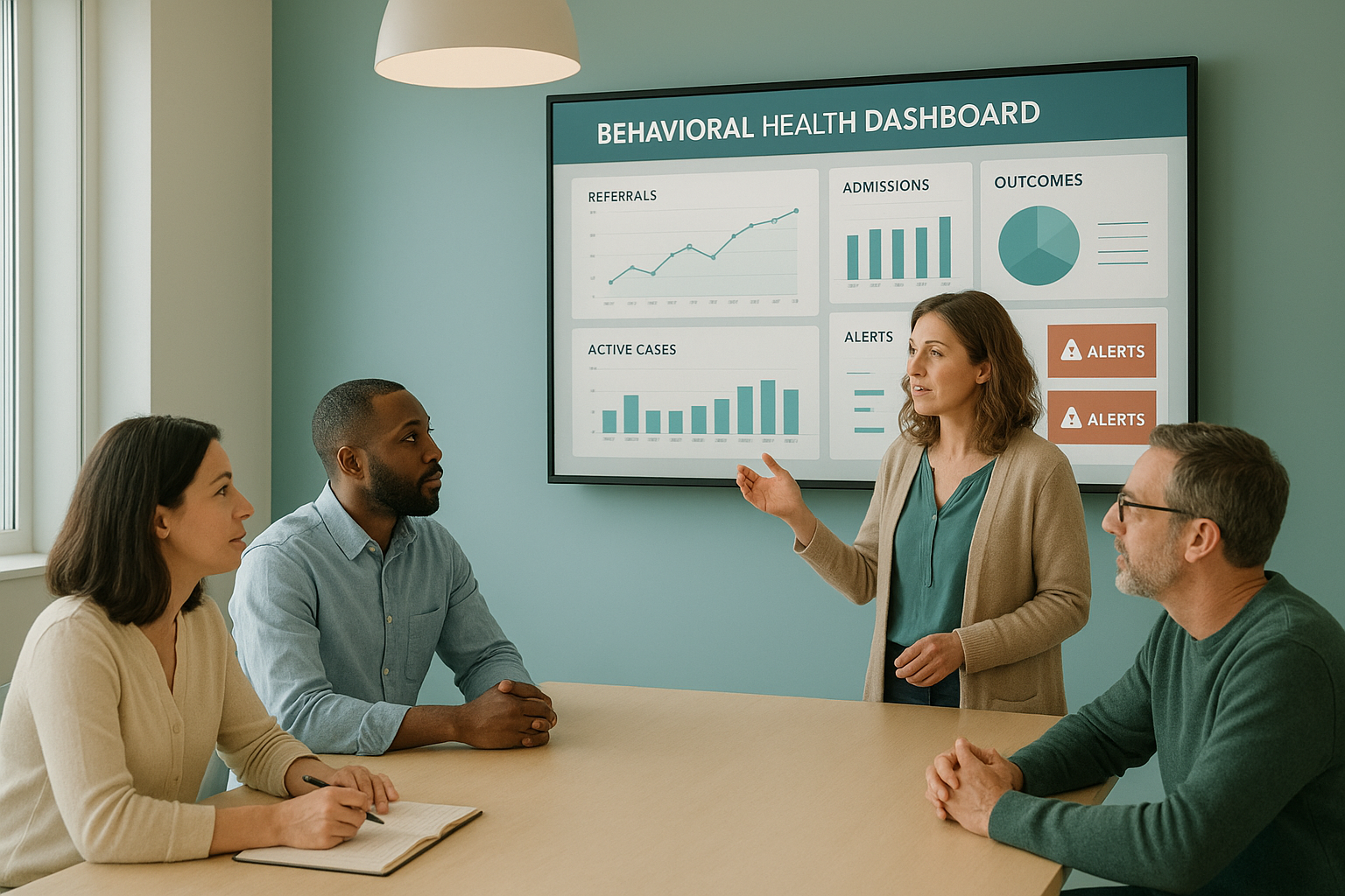 Behavioral health clinical team reviewing supervision and billing alerts on a shared dashboard