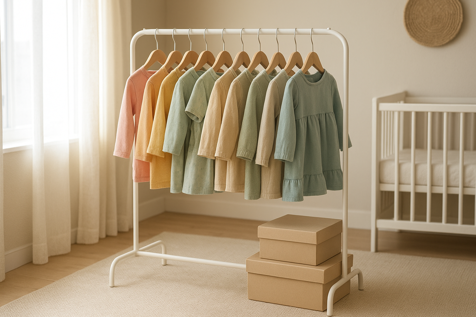 Rolling rack of curated kids clothing representing a growing child wardrobe subscription