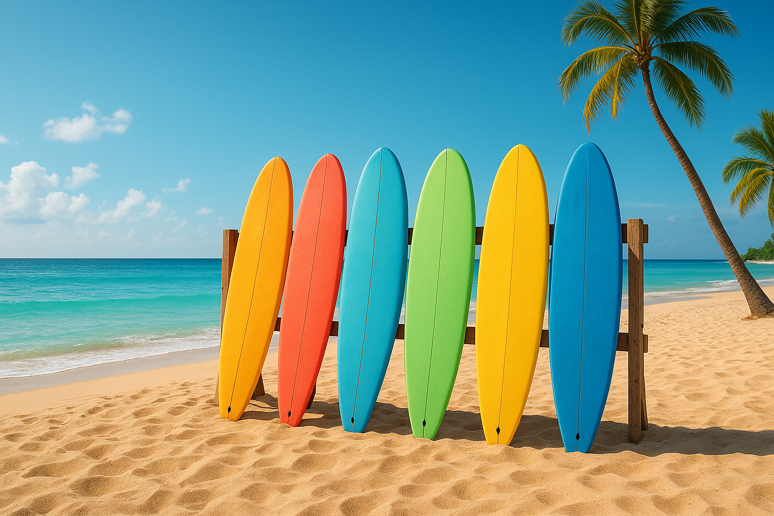 Colorful foam surfboards lined up on a tropical beach available for surf rent near me