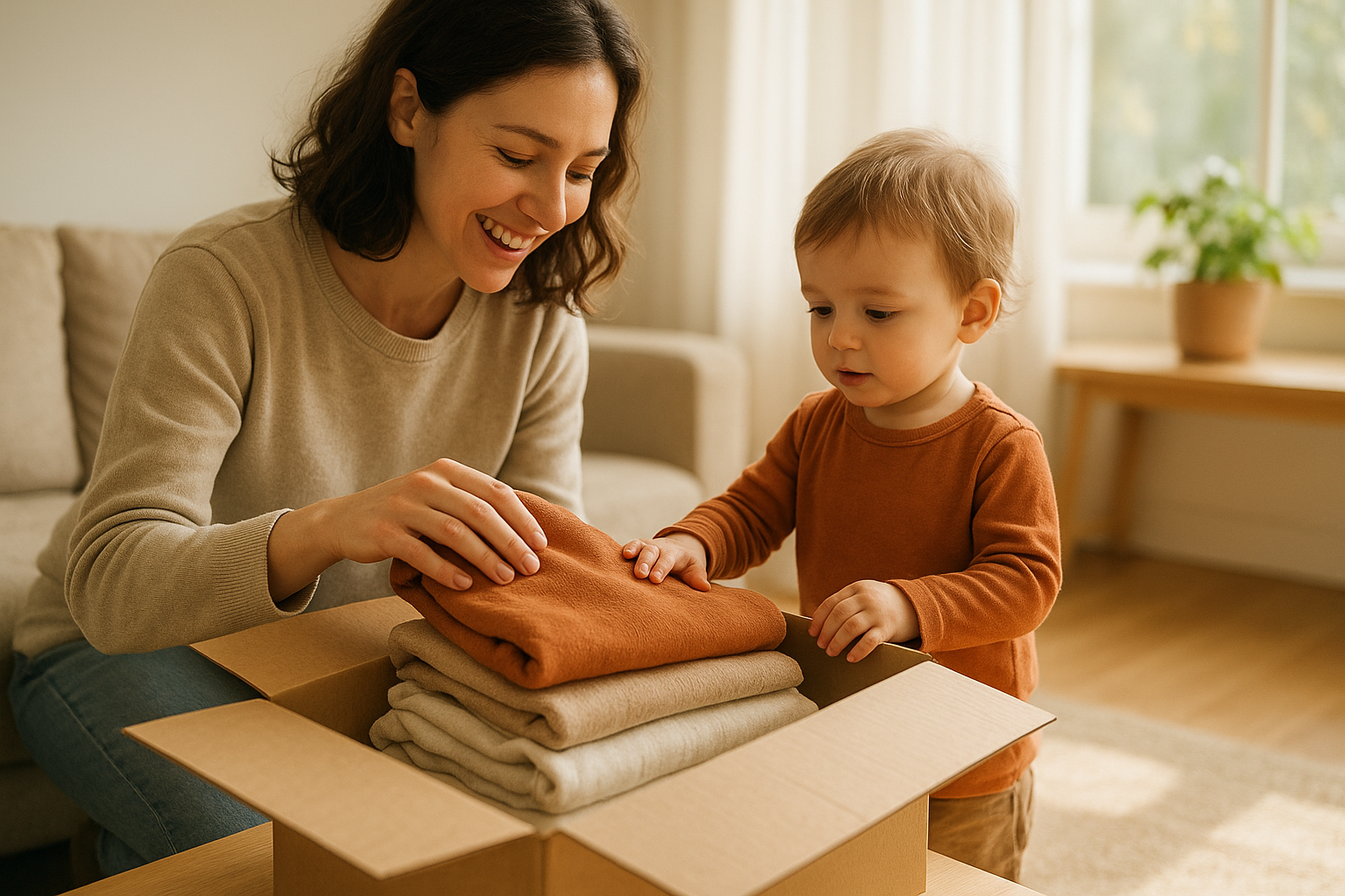 Parent and child opening a delivery box from a kids clothing rental subscription