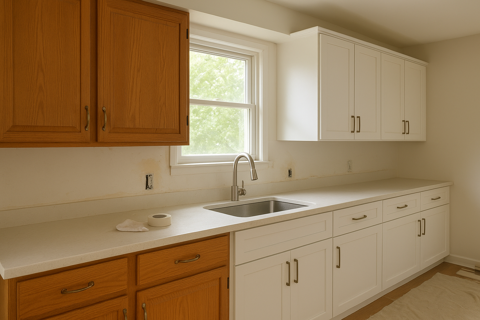 Kitchen cabinet resurfacing before and after comparison with outdated oak doors beside new shaker-style doors