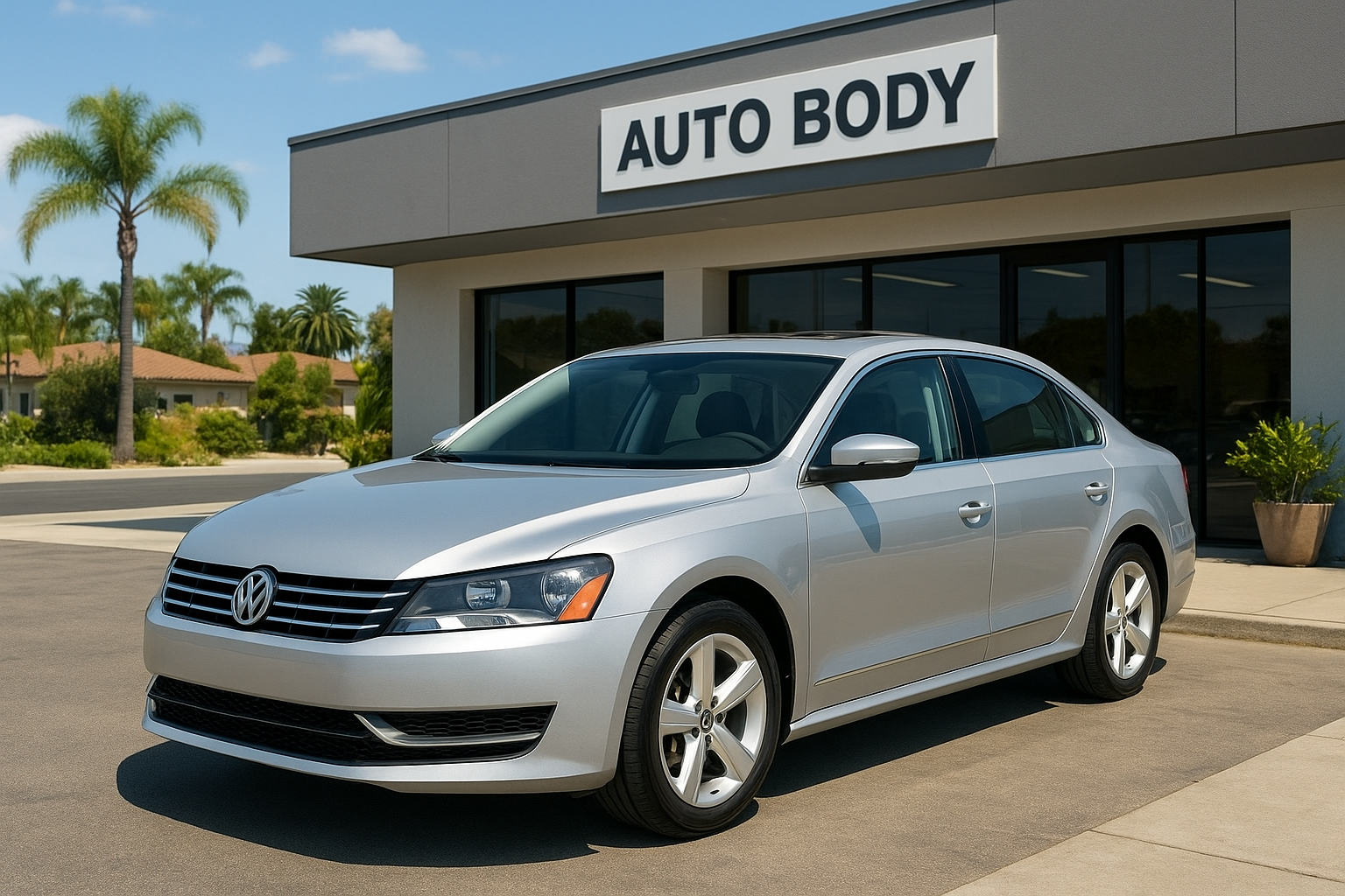 Fully repaired silver car outside a Brea California auto body repair center after collision work
