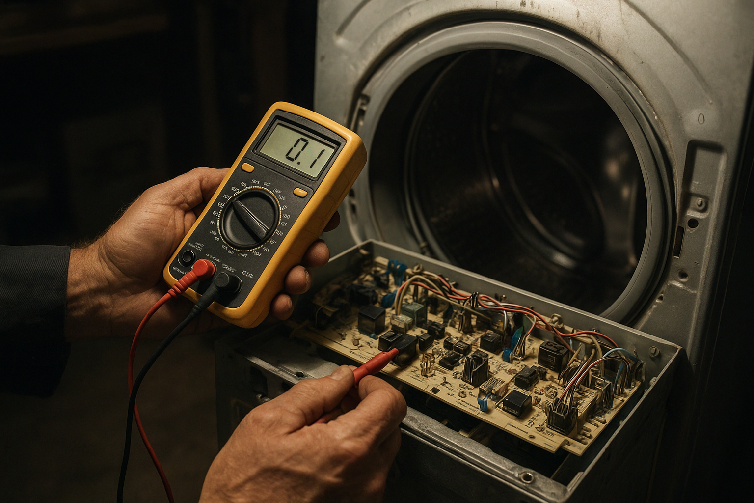 Technician testing a washing machine control panel during a fast appliance repair visit