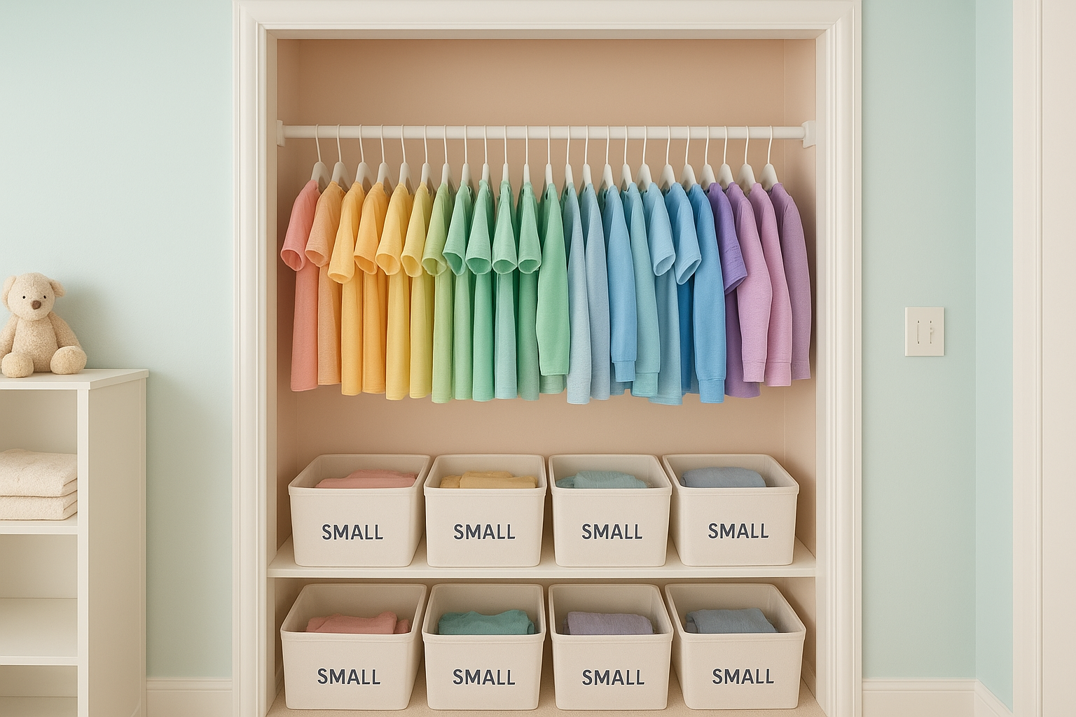 Organized closet supporting a monthly kids wardrobe service rotation system