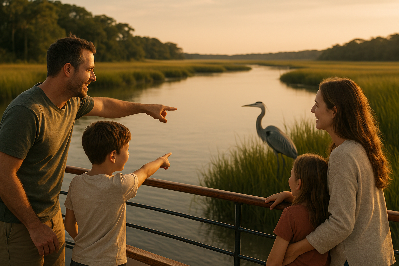 Family pointing at a heron near marsh grass during an inshore wildlife and fishing charter