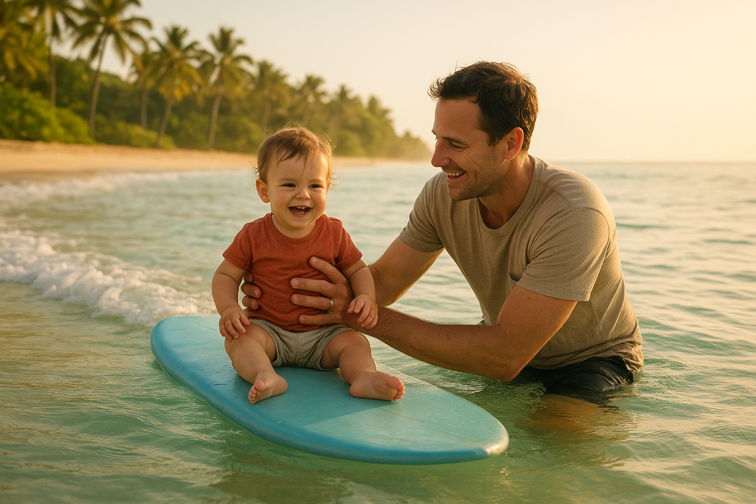 Parent holding a toddler on a soft surfboard during surf lessons for families with toddlers Waikiki offers along the shoreline